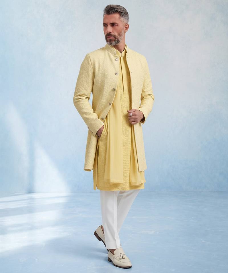 Butter yellow embroidered cotton silk sherwani jacket