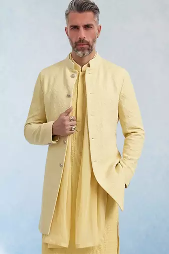 Butter yellow embroidered cotton silk sherwani jacket