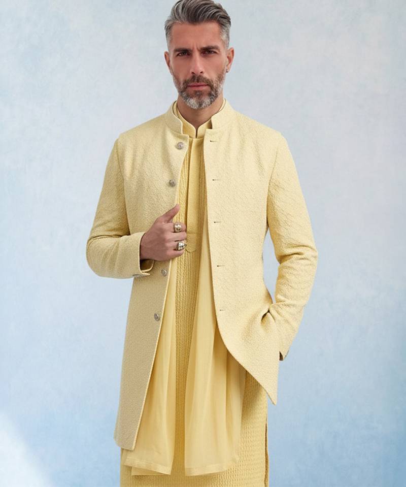 Butter yellow embroidered cotton silk sherwani jacket