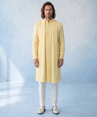 Butter yellow textured woven cotton silk kurta with attached stole and pant set 1