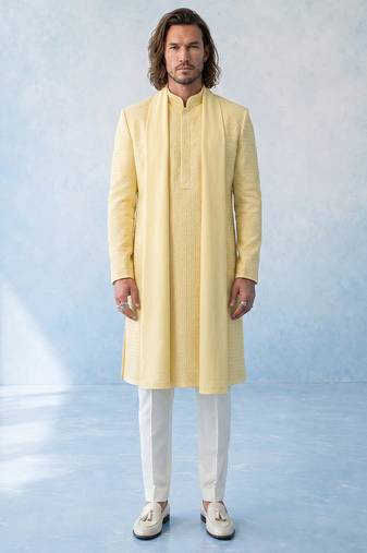 Butter yellow textured woven cotton silk kurta with attached stole and pant set