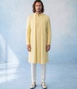 Butter yellow textured woven cotton silk kurta with attached stole and pant set