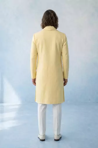 Butter yellow textured woven cotton silk kurta with attached stole and pant set