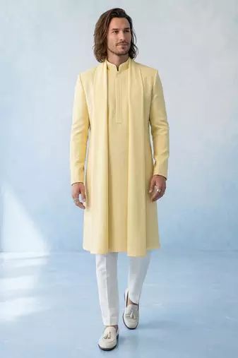 Butter yellow textured woven cotton silk kurta with attached stole and pant set