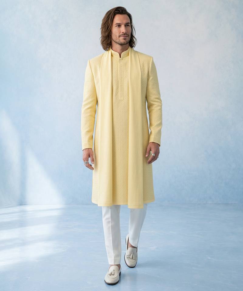Butter yellow textured woven cotton silk kurta with attached stole and pant set