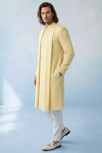 Butter yellow textured woven cotton silk kurta with attached stole and pant set