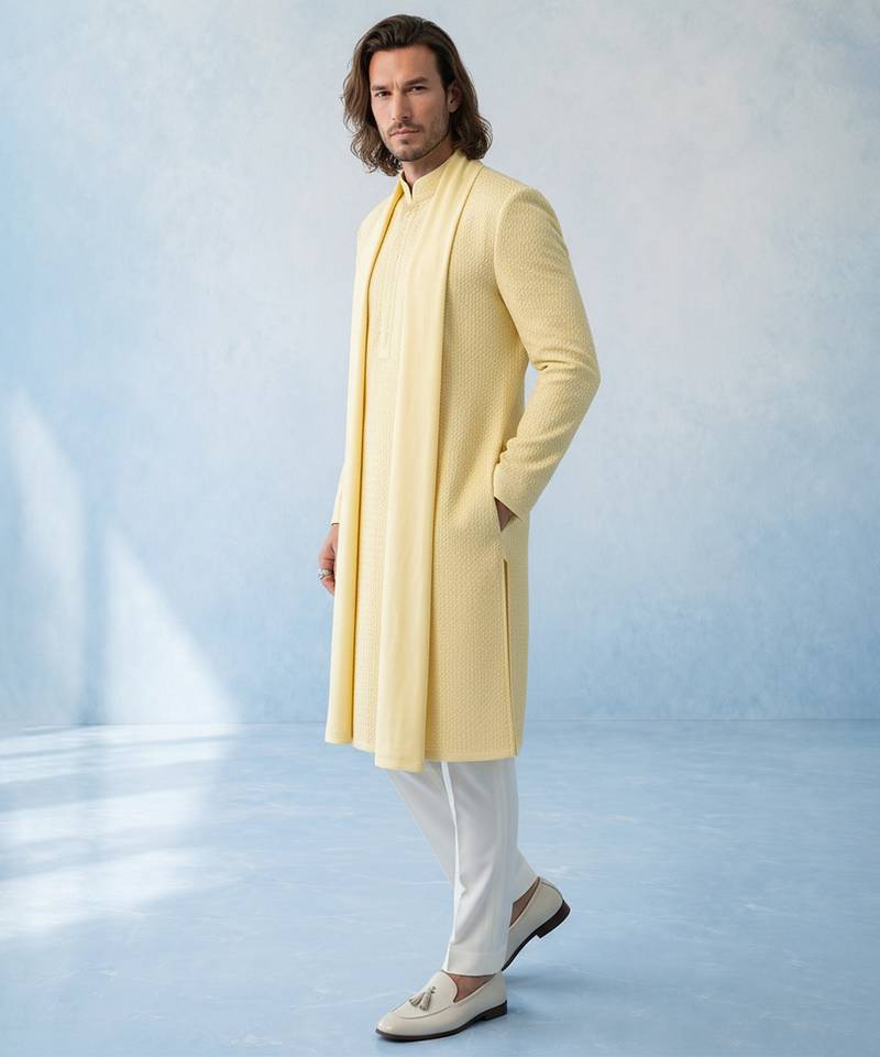 Butter yellow textured woven cotton silk kurta with attached stole and pant set