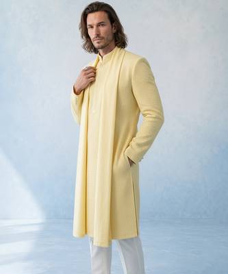 Butter yellow textured woven cotton silk kurta with attached stole and pant set 5