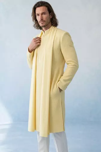 Butter yellow textured woven cotton silk kurta with attached stole and pant set