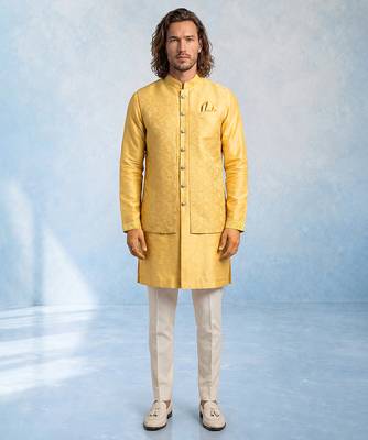 Butter yellow embroidered jacquard and rawsilk kurta and pant set 1