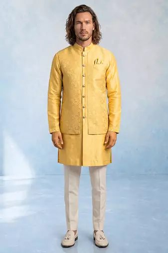 Butter yellow embroidered jacquard and rawsilk kurta and pant set