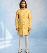 Butter yellow embroidered jacquard and rawsilk kurta and pant set