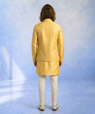Butter yellow embroidered jacquard and rawsilk kurta and pant set 2