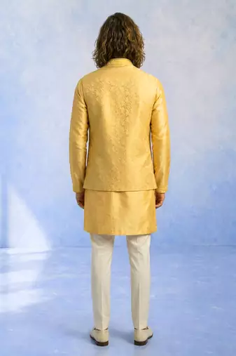 Butter yellow embroidered jacquard and rawsilk kurta and pant set