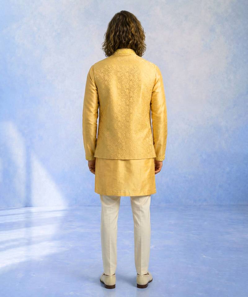 Butter yellow embroidered jacquard and rawsilk kurta and pant set