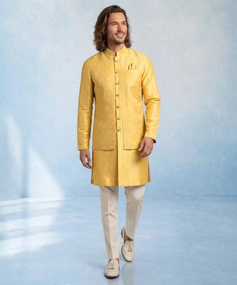 Butter yellow embroidered jacquard and rawsilk kurta and pant set 3