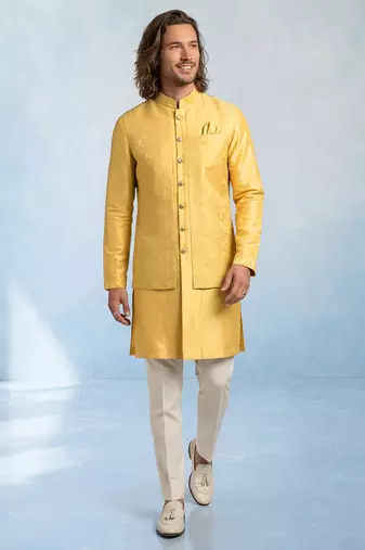 Butter yellow embroidered jacquard and rawsilk kurta and pant set