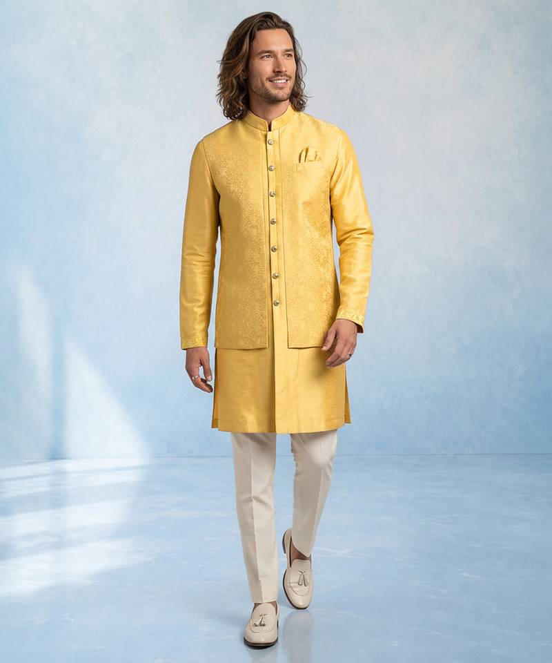 Butter yellow embroidered jacquard and rawsilk kurta and pant set