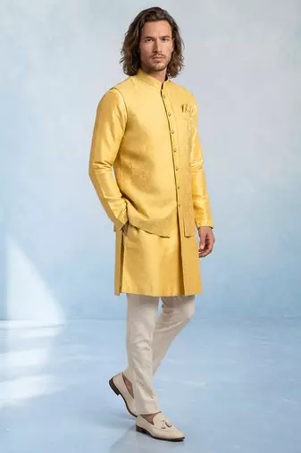 Butter yellow embroidered jacquard and rawsilk kurta and pant set