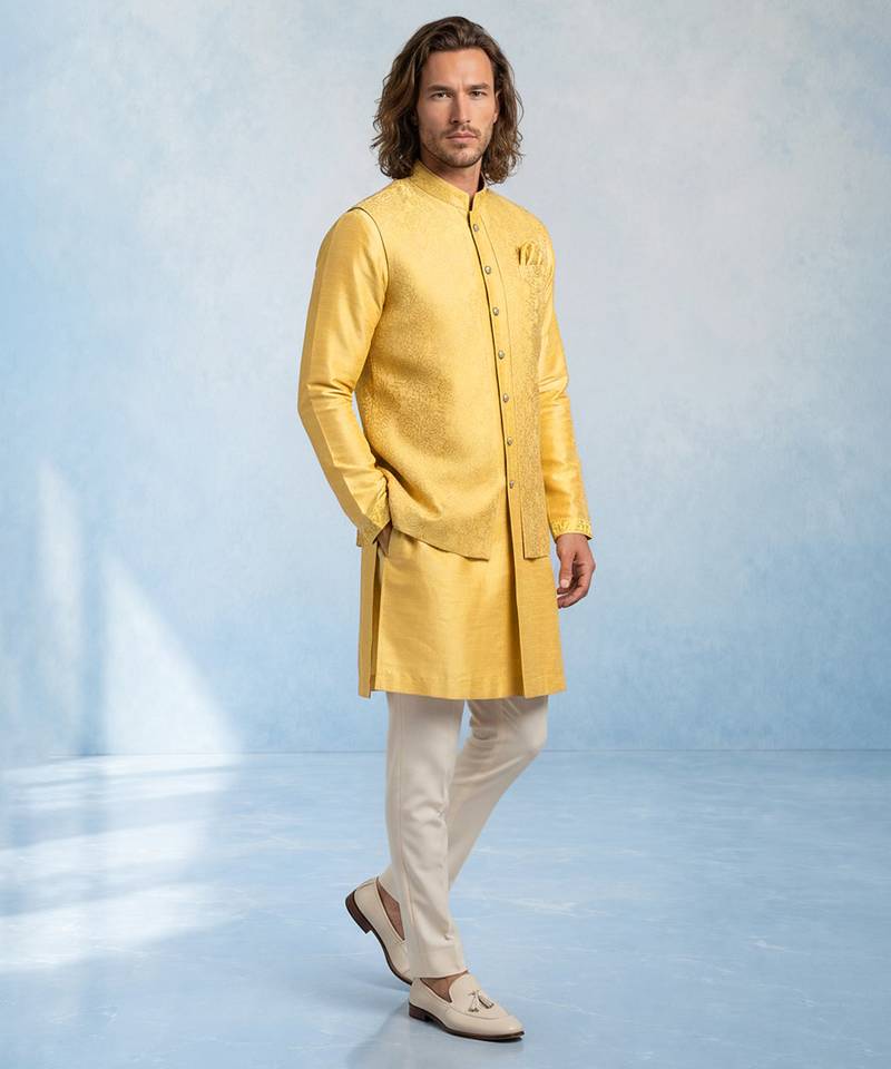 Butter yellow embroidered jacquard and rawsilk kurta and pant set