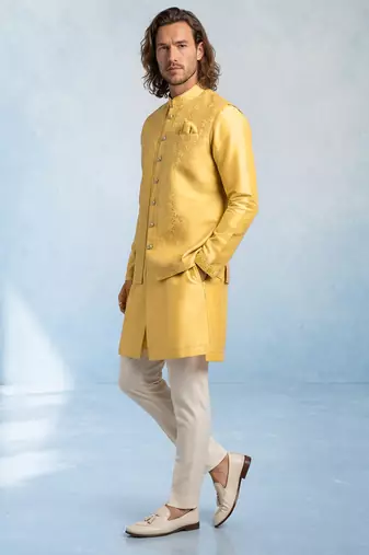 Butter yellow embroidered jacquard and rawsilk kurta and pant set