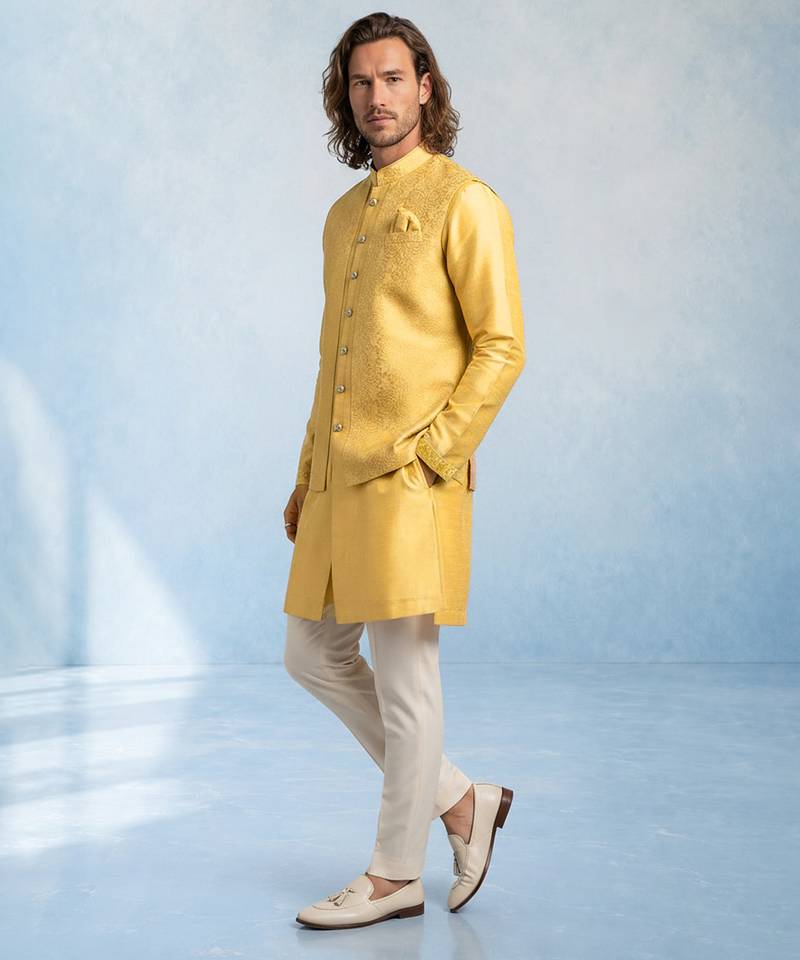 Butter yellow embroidered jacquard and rawsilk kurta and pant set