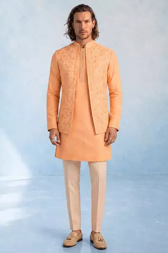 Peach embroidered cotton silk bandhi jacket