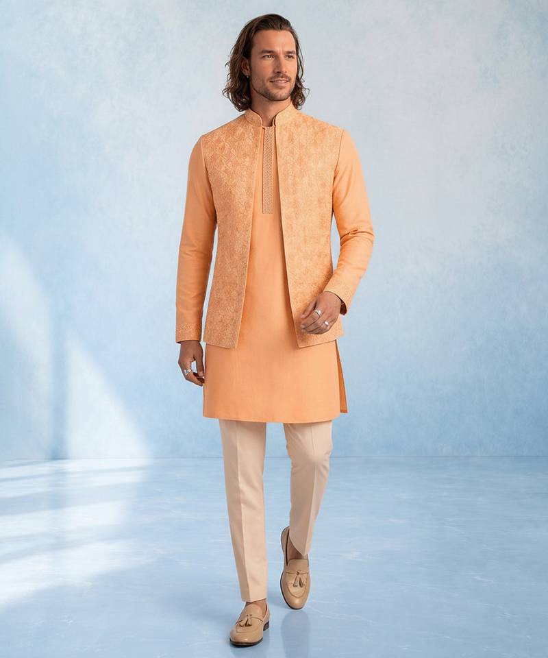 Peach embroidered cotton silk bandhi jacket