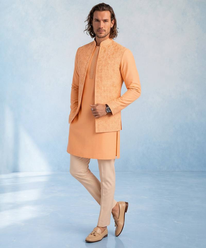 Peach embroidered cotton silk bandhi jacket