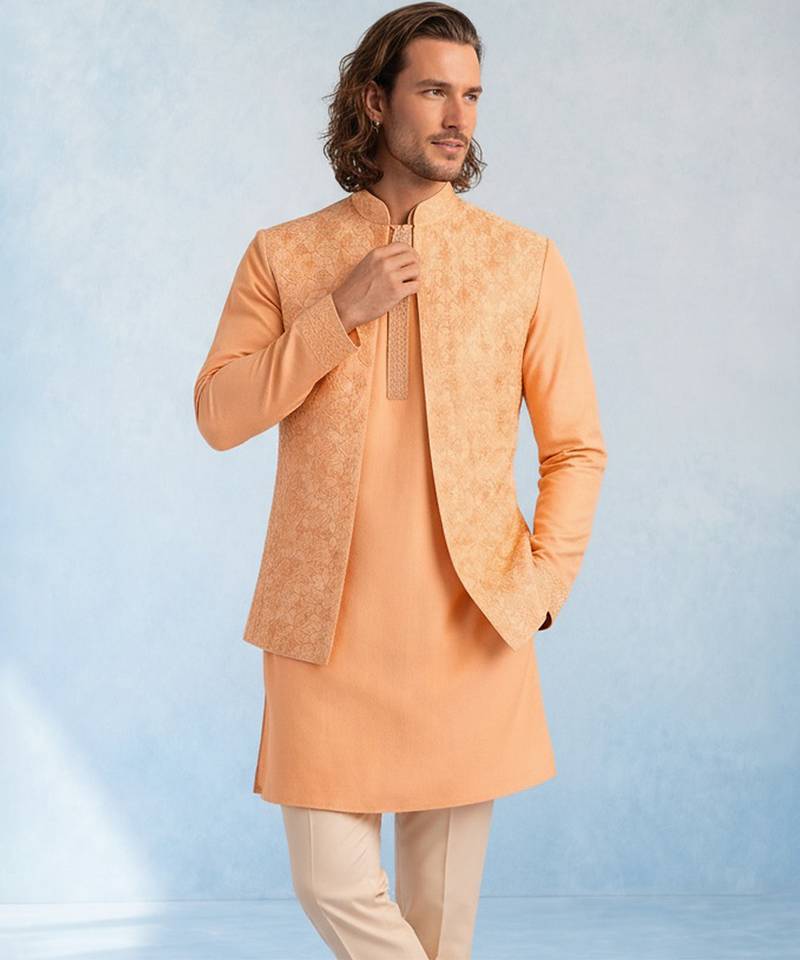 Peach embroidered cotton silk bandhi jacket