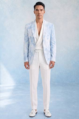 Powder blue and white linen blazer jacket