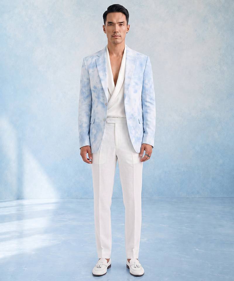 Powder blue and white linen blazer jacket