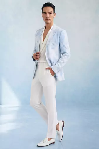 Powder blue and white linen blazer jacket