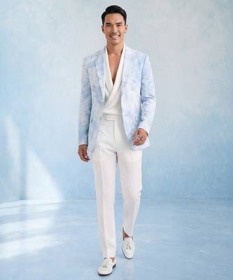 Powder blue and white linen blazer jacket 4
