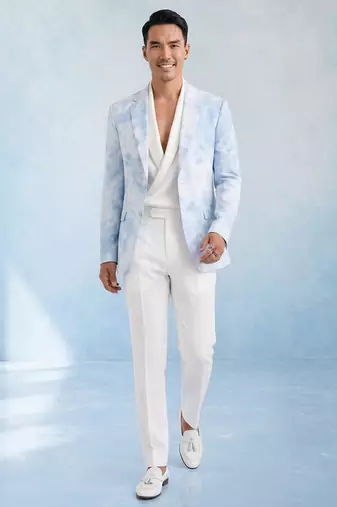 Powder blue and white linen blazer jacket