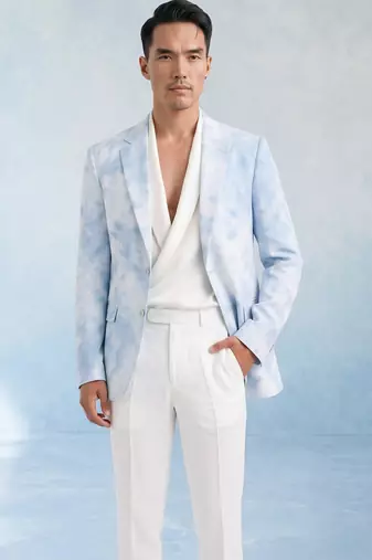 Powder blue and white linen blazer jacket