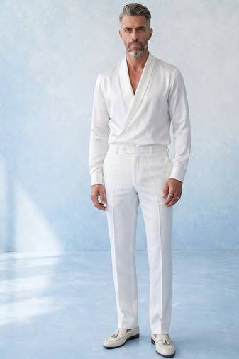 Off white cotton satin draped shirt