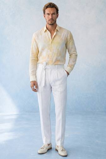 Butter yellow and off white cotton satin shirt