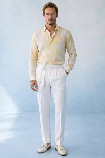 Butter yellow and off white cotton satin shirt