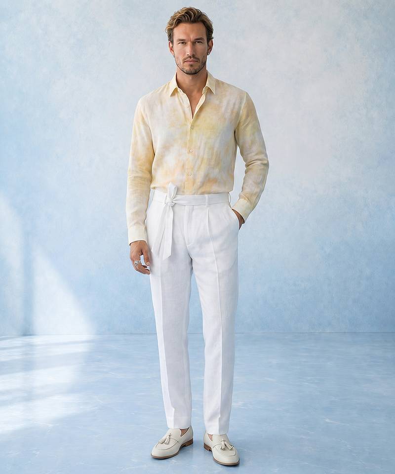 Butter yellow and off white cotton satin shirt