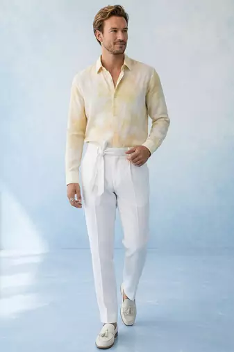 Butter yellow and off white cotton satin shirt