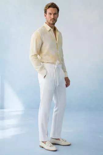 Butter yellow and off white cotton satin shirt