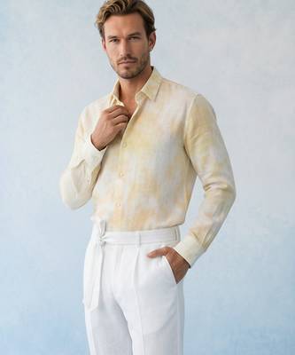 Butter yellow and off white cotton satin shirt 5