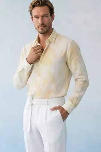 Butter yellow and off white cotton satin shirt