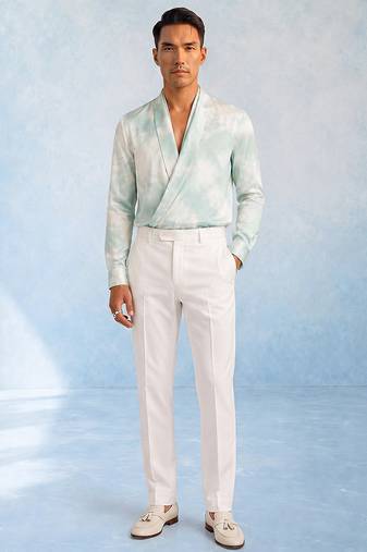 Mint blue and off white cotton satin draped shirt