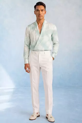 Mint blue and off white cotton satin draped shirt