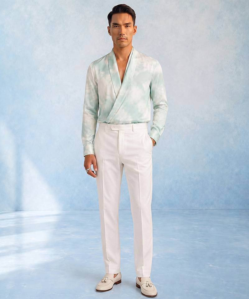 Mint blue and off white cotton satin draped shirt