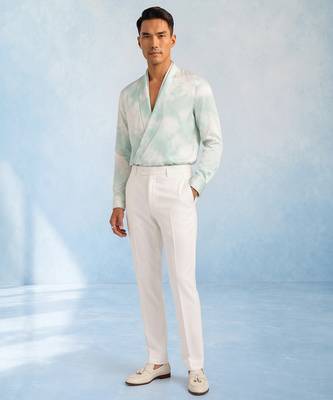 Mint blue and off white cotton satin draped shirt 3