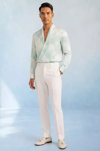Mint blue and off white cotton satin draped shirt