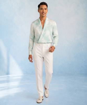 Mint blue and off white cotton satin draped shirt 4
